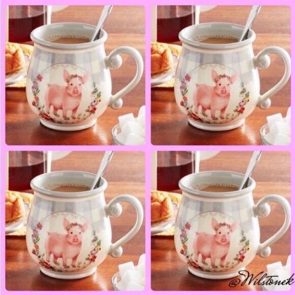 The Pioneer Woman set of 4 gingham check Pig belly mugs - Picture 1 of 6